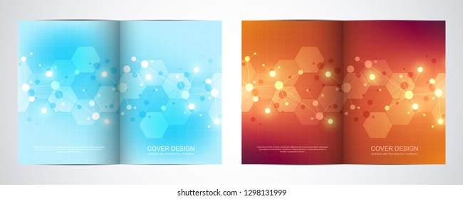 Bi fold brochure template with science and technology background. Geometric texture with molecular structures and chemical engineering