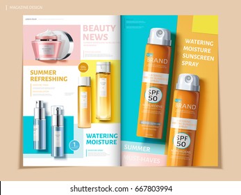 bi fold colorful brochure featuring skincare and sun proof products, can be used on magazine or catalogs, 3d illustration