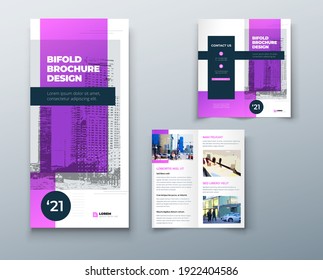 Bi fold purple brochure or flyer design with circle. Creative concept flyer or brochure. Template is white with a place for photos.