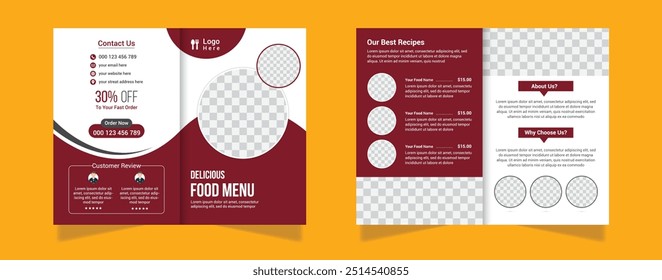 Projeto de modelo de menu de comida de restaurante com duas dobras