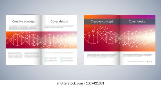 Bi fold square brochure template with dna molecule background. Vector illustration