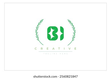 BI letters eco logo with leaf. Fresh nature and healthy leaf logo design.