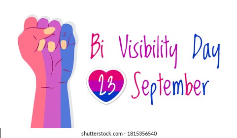 Bi visibility day illustration banner. Bisexuality day concept vector. Hand is painted in bisexual pride colors. Heart with pink stripes and 23 September is written. 