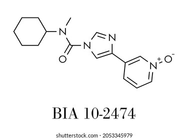 BIA 10-2474 experimental drug molecule. Fatty acid amide hydrolase (FAAH) inhibitor that caused severe adverse events in a clinical trial in France in 2016. Skeletal formula.