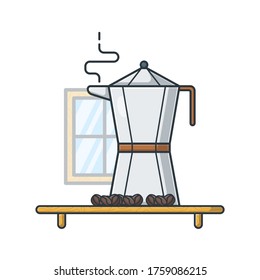 Ilustración del icono del vector Bialetti. Hora del desayuno. Estilo de caricatura plano adecuado para la página de aterrizaje web, pancarta, volante, adhesivo
