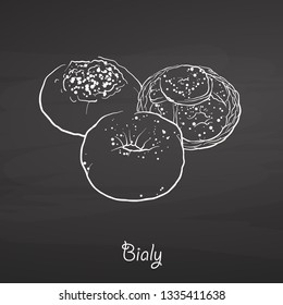 Bialy food sketch on chalkboard. Vector drawing of Yeast bread, usually known in Central Europe. Food illustration series.