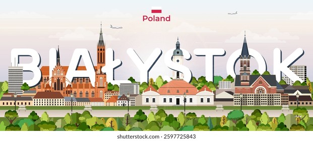 Bialystok cityscape colorful vector illustration with big city name on the background. Travel trendy poster
