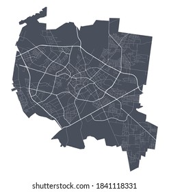 Bialystok map. Detailed vector map of Bialystok city administrative area. Cityscape poster metropolitan aria view. Dark land with white streets, roads and avenues. White background.