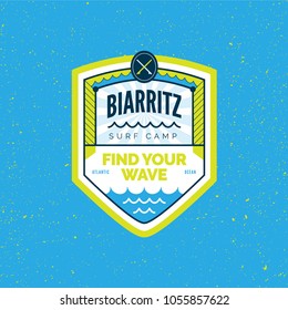 Biarritz surf camp badge, summer sign emblem