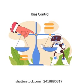 Bias control concept. AI ensures equitable data treatment, fostering fairness in machine learning. Balance in algorithmic decision-making. Unbiased and neutral information. Flat vector illustration