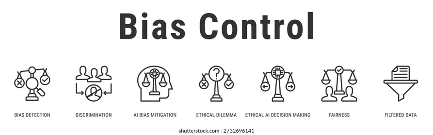 Bias Control web banner icon vector illustration featuring Bias Detection, Discrimination and AI Bias Mitigation