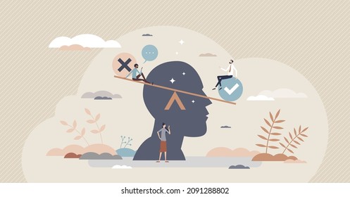 Bias as inclination or prejudice for racial ethnic group tiny person concept. Uneven balance for comparison and judgment reflection vector illustration. Society thinking problem and unfair attitude.