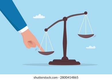 Bias inequality or unfair integrity, doubtful justice, corruption or imbalance dilemma, verdict comparison or business manipulation discrimination, businessman hand push unbalance scale weight.