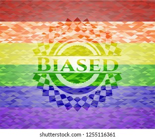 Biased emblem on mosaic background with the colors of the LGBT flag
