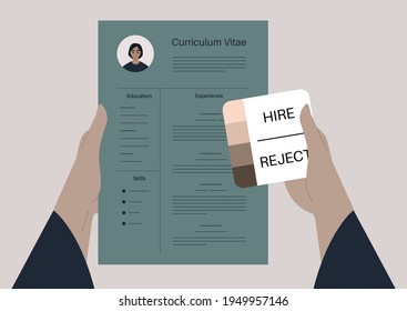 A biased HR manager using a skin tone palette to hire or reject a job applicant, racism at work