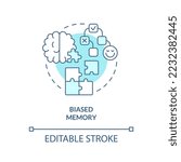 Biased memory turquoise concept icon. Prior beliefs. Type of cognitive prejudice abstract idea thin line illustration. Isolated outline drawing. Editable stroke. Arial, Myriad Pro-Bold fonts used