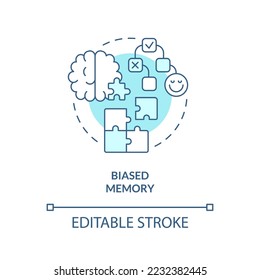 Biased memory turquoise concept icon. Prior beliefs. Type of cognitive prejudice abstract idea thin line illustration. Isolated outline drawing. Editable stroke. Arial, Myriad Pro-Bold fonts used