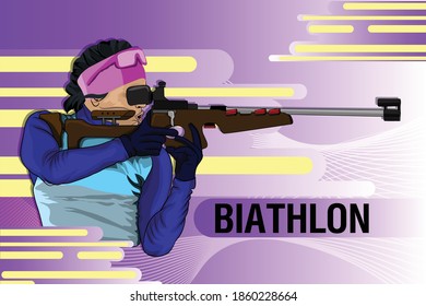 Biathlete looks through the scope. Abstract background with a biathlete.