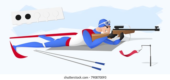 A biathlete lying with a rifle. A vector illustration isolated from background. Drawn in a flat style. 