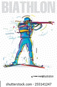 The biathlete preparing to the shooting. Vector artwork in the style of paint strokes