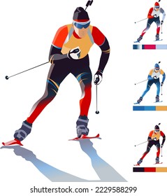 Biathlete skier in a bright sports uniform. A Set of vector images of athletes in different color schemes	