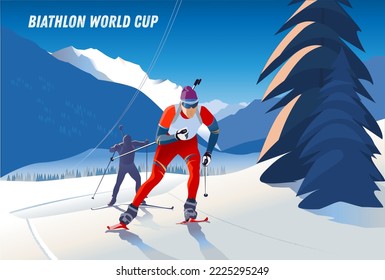 Biathlete skiers running on a snowy track against the background of forests and mountains