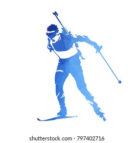 Biathlete skiing, abstract blue geometsic vector silhouette