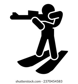 Biathlete skiing with gun solid icon, Winter season concept, biathlon sportsman sign on white background, Biathlete at distance icon in glyph style for mobile, web design. Vector graphics
