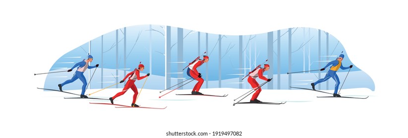 Biathletes in sportswear with riffles are skiing. Male Athletes participate in winter sports sprint competition. The leader of pelothon tries to win a race.Vector flat design web banner illustration