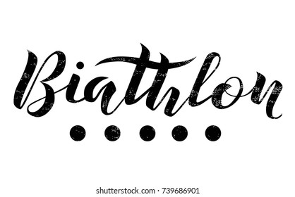 Biathlon black lettering text with target on white textured background, vector illustration. Biathlon vector calligraphy. Sport, fitness, activity vector design. Print for logo, T-shirt and hat.