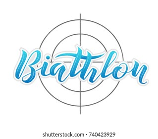 Biathlon blue lettering text on white textured background with black target, vector illustration. Biathlon vector calligraphy. Sport, fitness, activity vector design. Print for logo, T-shirt and hat.