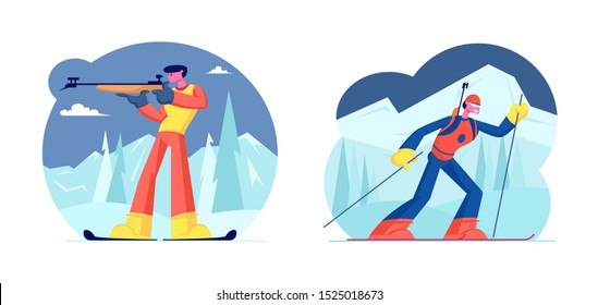 Biathlon Competition Set. Competitor Standing on Shooting Range Aiming to Target, Shooting and Hunting. Sportswoman Riding Skis on Rout. World Tournament. Cartoon Flat Vector Illustration
