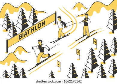 Biathlon competition with three biathlonists going down hill 3d isometric vector illustration