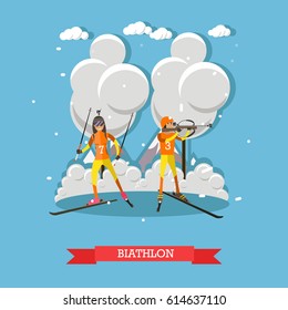 Biathlon concept vector illustration. Winter sports, cross-country skiing with target shooting, skiers male and female flat style design element.