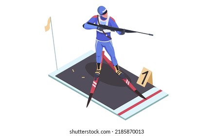 Biathlon cross-country skiing. Cross country skier. Winter sports activity. Young advanced man on ski. Isometric vector illustration.