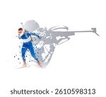Biathlon double exposure, biathlon athletes - shooting and skiing, isolated vector illustration