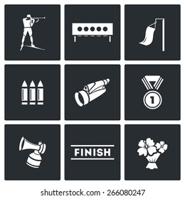 Biathlon icons: biathlete, target, medal, competition, shooting. Vector Illustration.