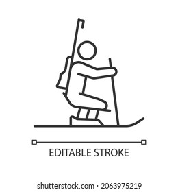 Biathlon Linear Icon. Skiing And Shooting Competition. Winter Season Sport. DIsabled Athlete. Thin Line Customizable Illustration. Contour Symbol. Vector Isolated Outline Drawing. Editable Stroke