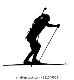 Biathlon man running vector isolated silhouette. Winter sports icon. Cross-country skiing. Side view