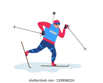 Biathlon Race Athlete Man Running Winter Games Competition Championship Vector Illustration