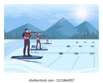 Biathlon race. Female characters wearing an outerwear skiing. Woman shooting rifle. Winter outdoor activity, ski competition. Flat vector illustration