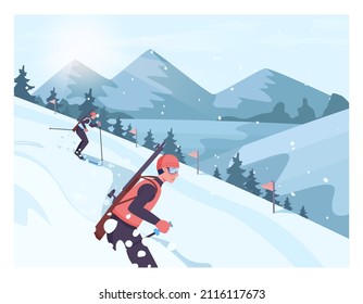 Biathlon race. Male characters wearing an outerwear skiing. Skiing man sliding downhill. Winter outdoor activity, ski competition. Flat vector illustration