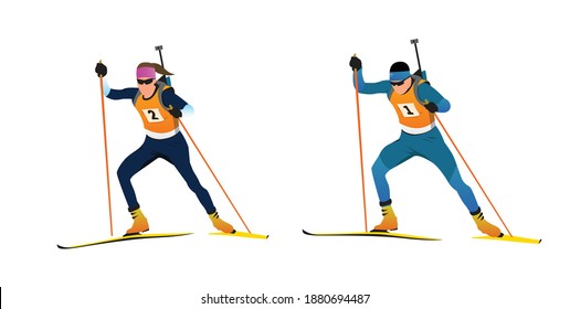 Biathlon race man in colorful jersey illustration. Competition, ice, cold. Vector flat illustration