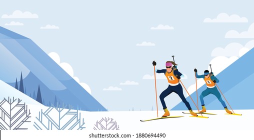 Biathlon race man in colorful jersey illustration with mountain landscape. Competition, ice, cold. Vector flat illustration