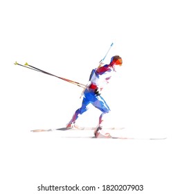 Biathlon racer silhouette. Isolated low polygonal vector illustration of biathlon skier. Winter sport athlete, side view