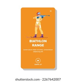 vector de rango de biatlón. pistola de competición, rifle de equipo, atleta deportivo, ilustración de dibujos animados planos de la red de alcance de la bala