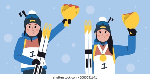 
Biathlon set. Winter sports. Biathlon competition winner. Winter Olympics. Stock vector illustration. World Cup overall leader.