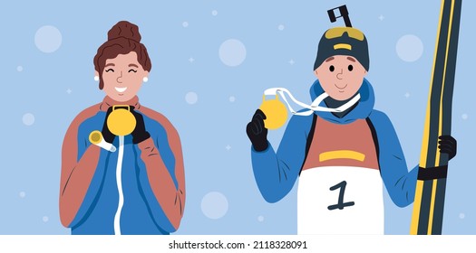 Biathlon set. Winter sports. Biathlon winner. Stock vector illustration. Biathletes with medals.