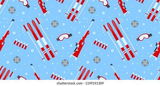 Biathlon vector seamless pattern. Winter outdoors illustration. Biathlon equipment repeated texture. Activities template print. Sporting design. red, white, blue