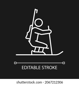 Biathlon white linear icon for dark theme. Skiing and shooting combination sport. Disabled athlete. Thin line customizable illustration. Isolated vector contour symbol for night mode. Editable stroke